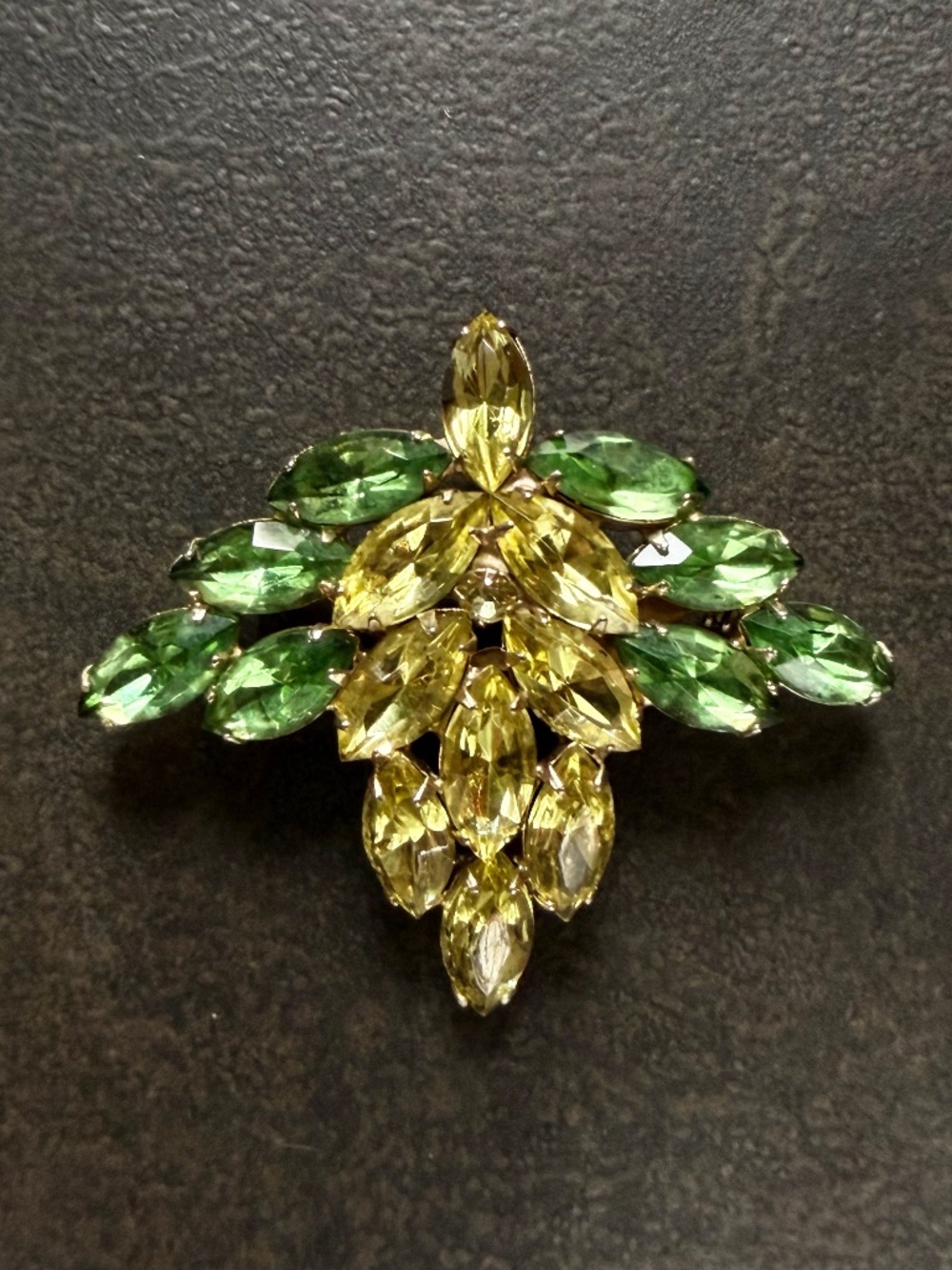 Vintage Mid-Century Yellow and Peridot Green Rhinestone Brooch